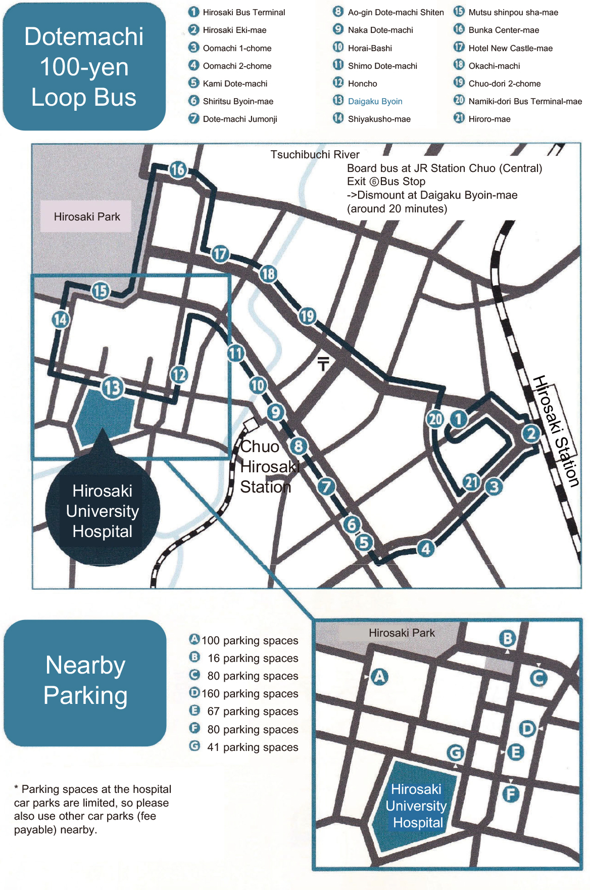 Dotemachi 100-yen Loop Bus Map and Nearby Parking